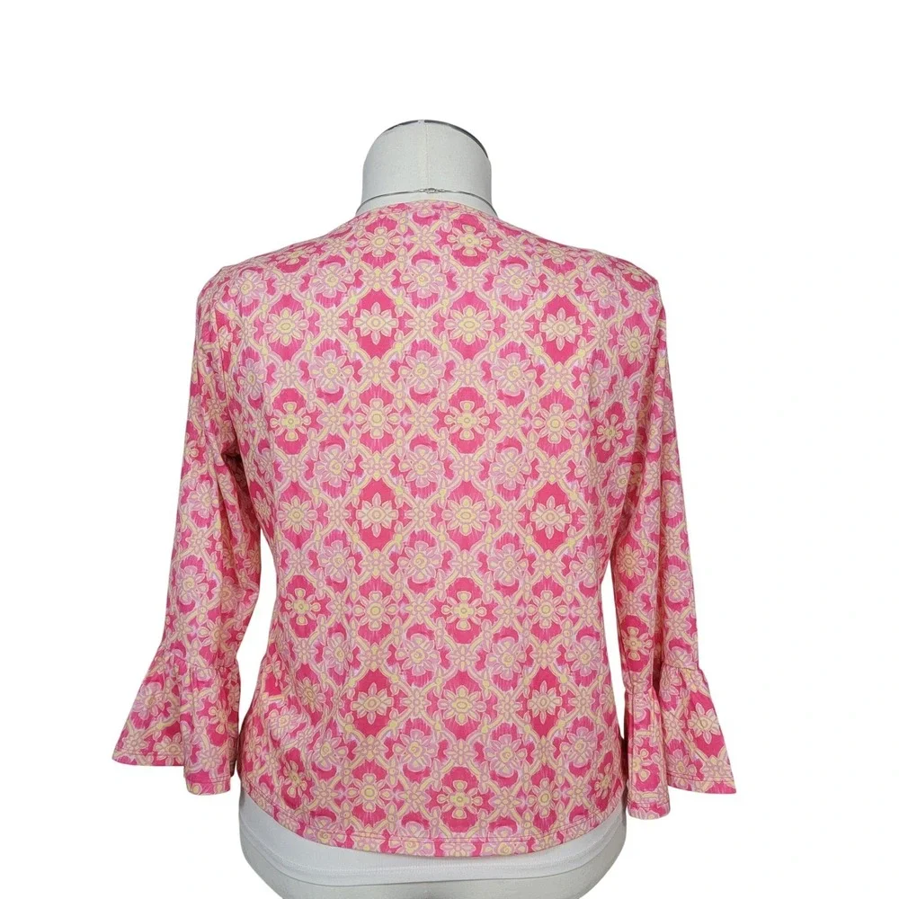 Stella Parker Top Womens Large Pink Yellow Floral Bell Sleeve Tie Front Boho - Picture 2 of 6